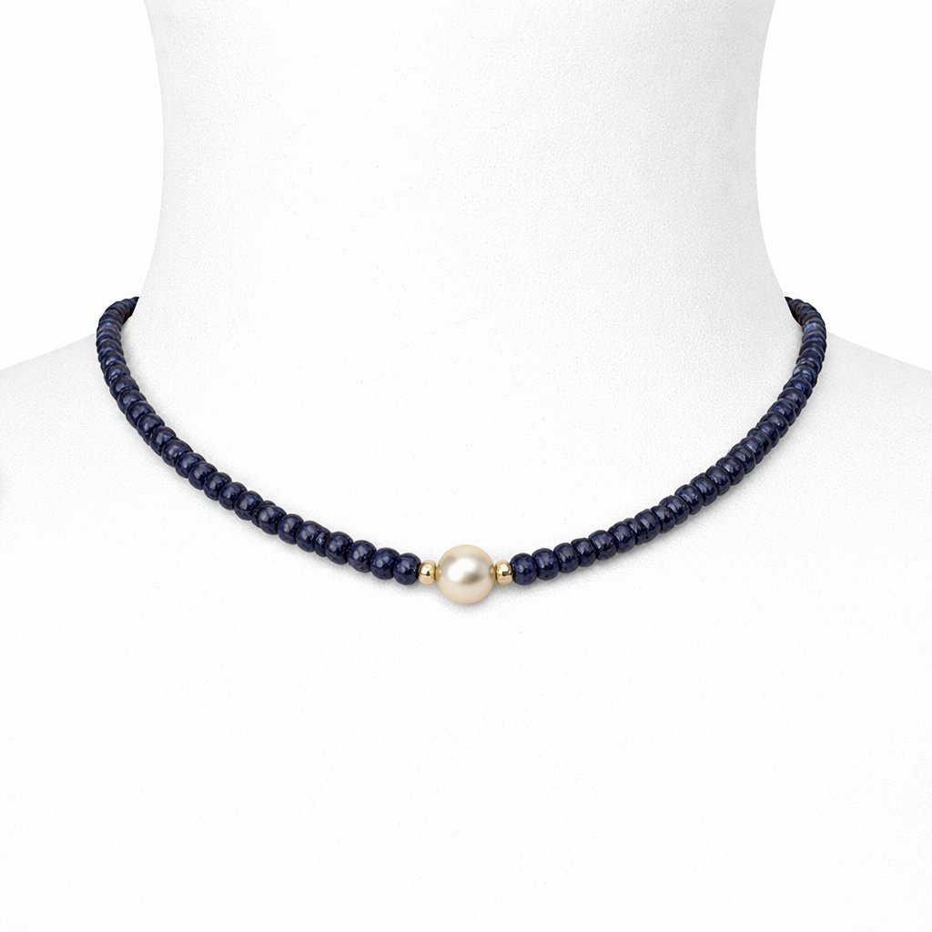 Collana Zaffiro Blu Rondelle con Perla d'Acqua Dolce