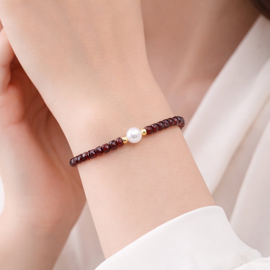 Bracciale Granato Sfaccettato con Perla d'Acqua Dolce
