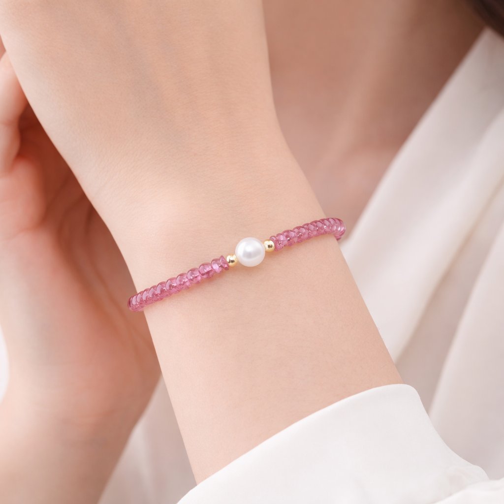 Bracciale Tormalina Rosa Rondelle con Perla d'Acqua Dolce