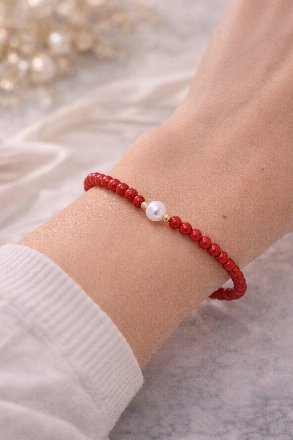 Bracciale Corallo Rosso con Perla d'Acqua Dolce
