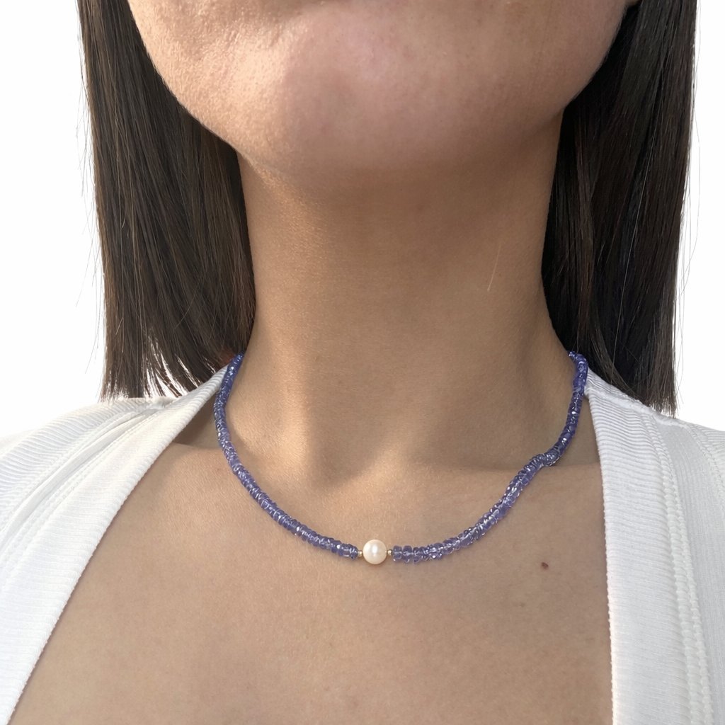 Collana Tanzanite Rondelle con Perla d'Acqua Dolce