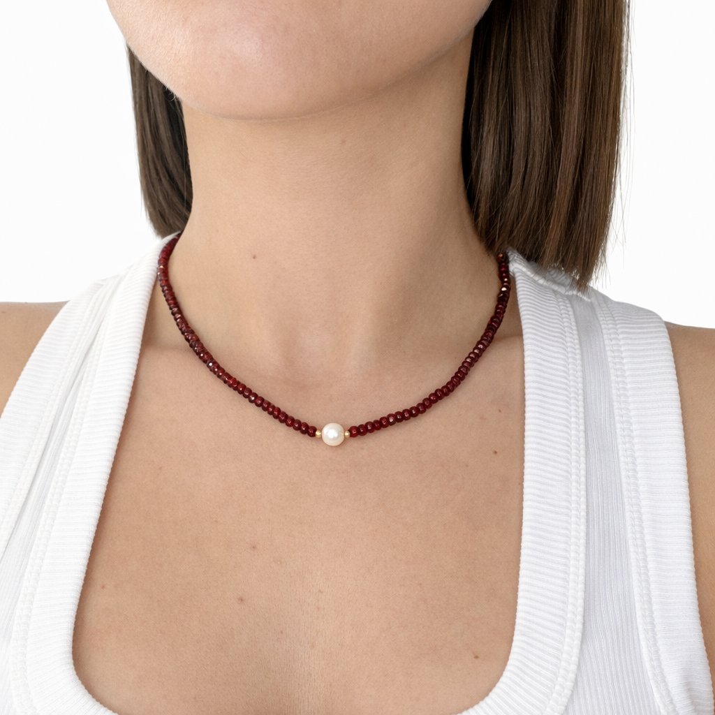 Collana Granato Sfaccettato con Perla d'Acqua Dolce