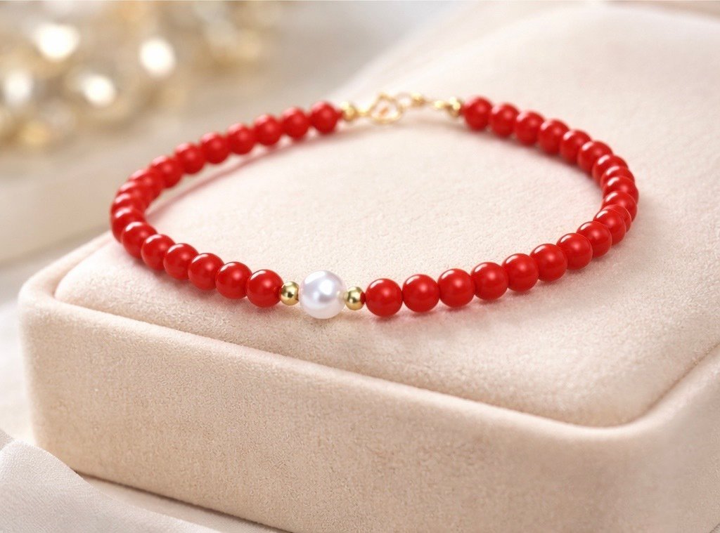 Bracciale Corallo Rosso con Perla d'Acqua Dolce