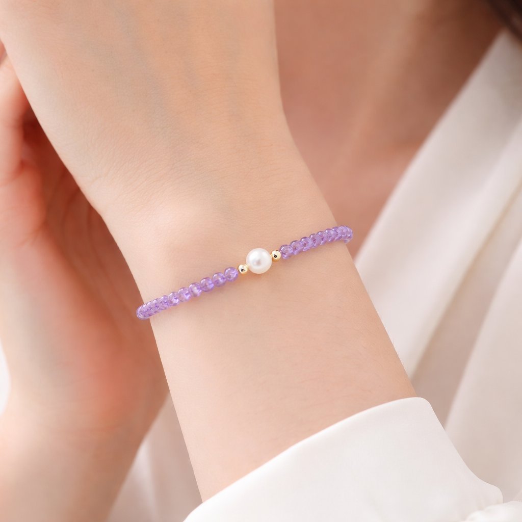 Bracciale Ametista Sfaccettata con Perla d'Acqua Dolce