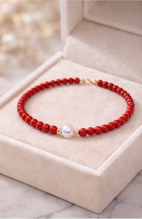 Bracciale Corallo Rosso con Perla d'Acqua Dolce