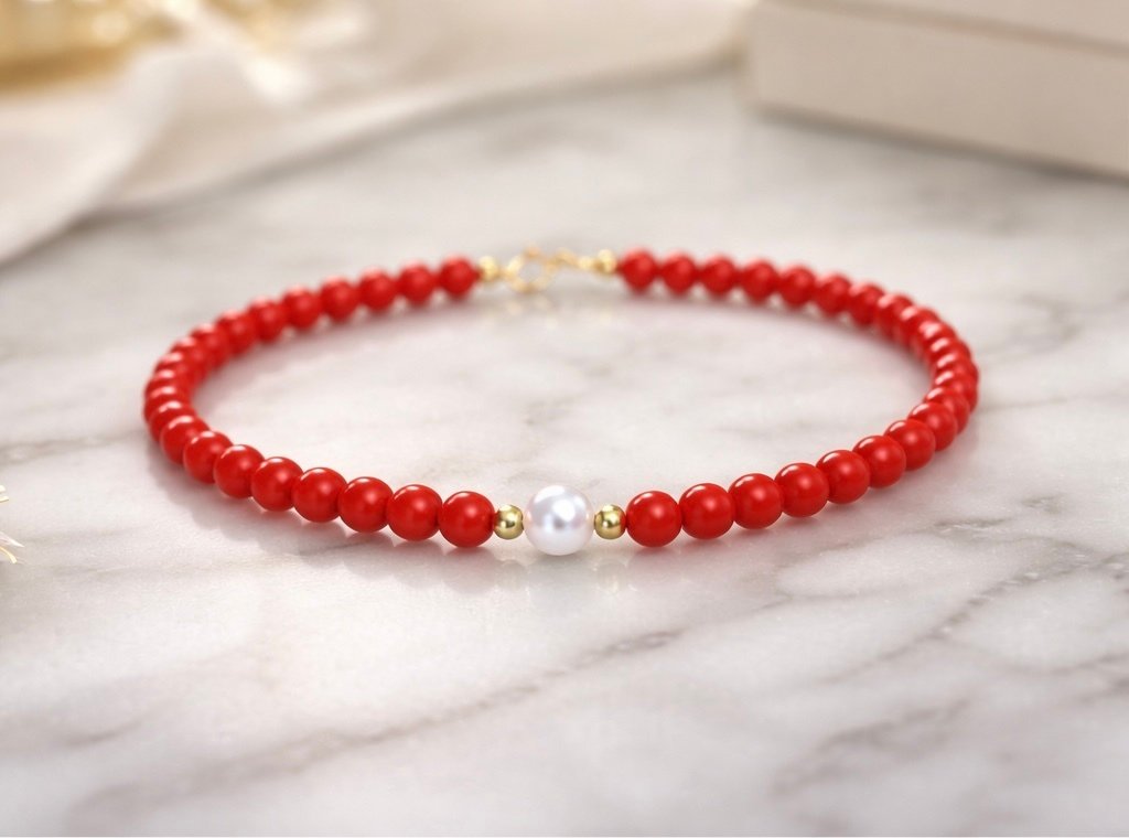 Bracciale Corallo Rosso con Perla d'Acqua Dolce