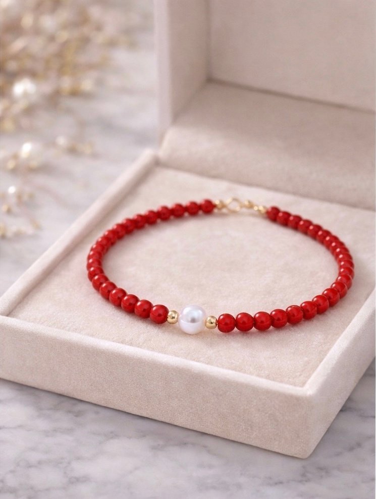 Bracciale Corallo Rosso con Perla d'Acqua Dolce