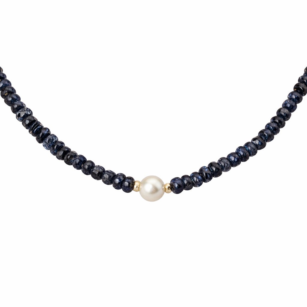 Collana Zaffiro Blu Rondelle con Perla d'Acqua Dolce