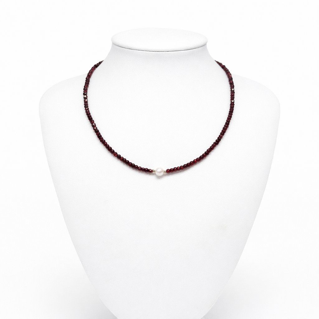 Collana Granato Sfaccettato con Perla d'Acqua Dolce