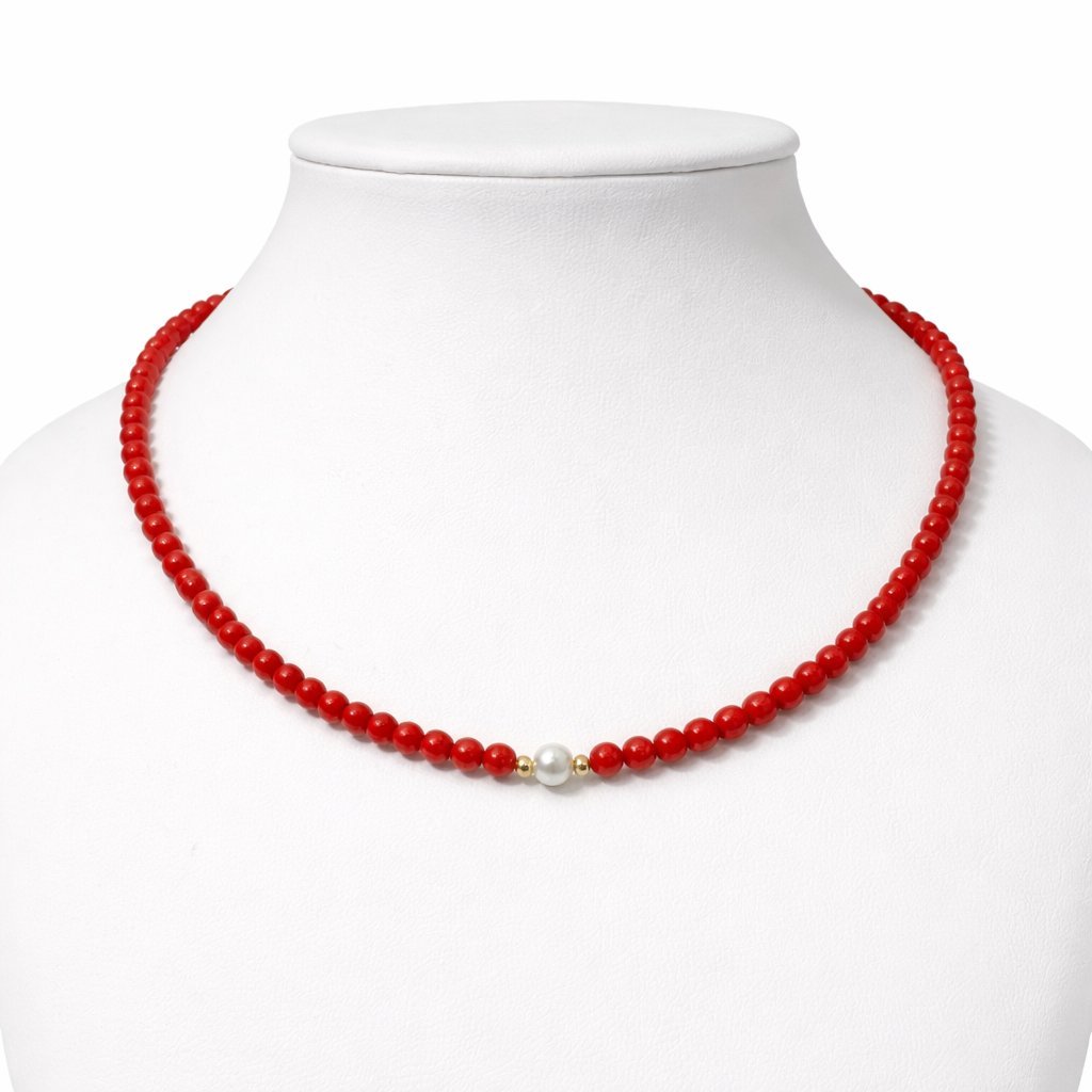 Collana Corallo Rosso con Perla d'Acqua Dolce