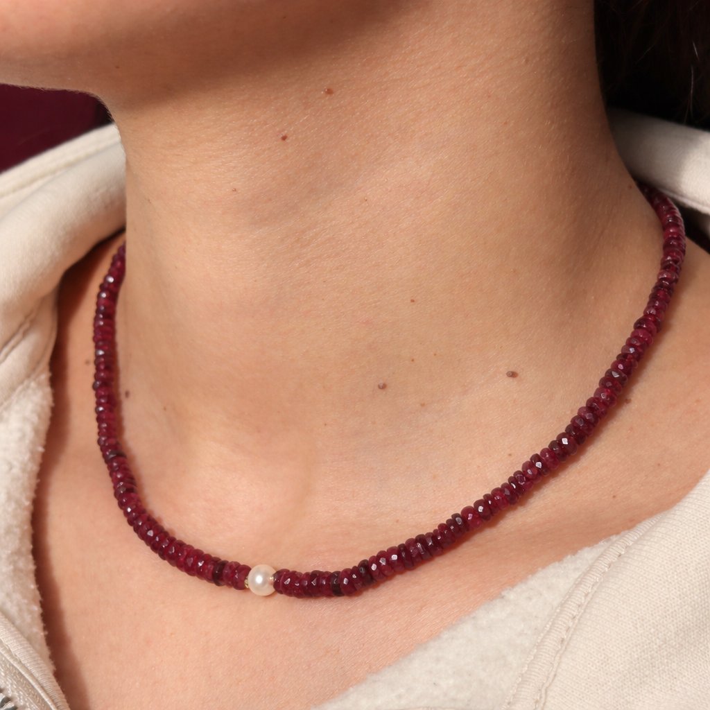 Collana Tormalina Rosa Rondelle con Perla d'Acqua Dolce